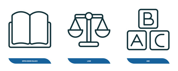 set of 3 linear icons from education concept. outline icons such as open book black cover, law, abc vector