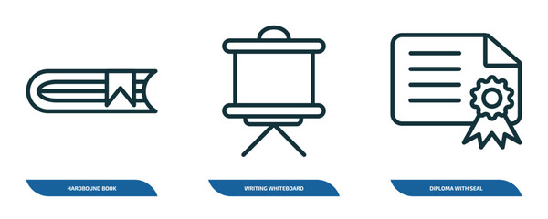 set of 3 linear icons from education concept. outline icons such as hardbound book, writing whiteboard, diploma with seal vector