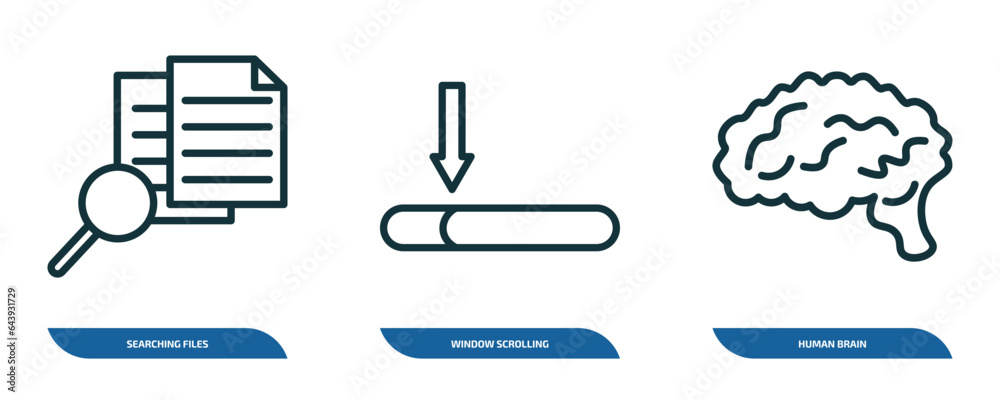 Wall mural set of 3 linear icons from education concept. outline icons such as searching files, window scrollin