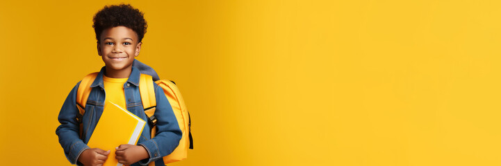 Smiling African American schoolboy a yellow background. September and the beginning of the new school year. Photo with copy space.