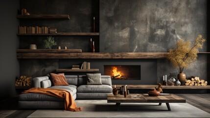 Interior of cozy living area in modern luxury cottage. Stone wall, large poster, corner sofa with cushions, rough wooden coffee table, fireplace, bookshelf. Eco home design.
