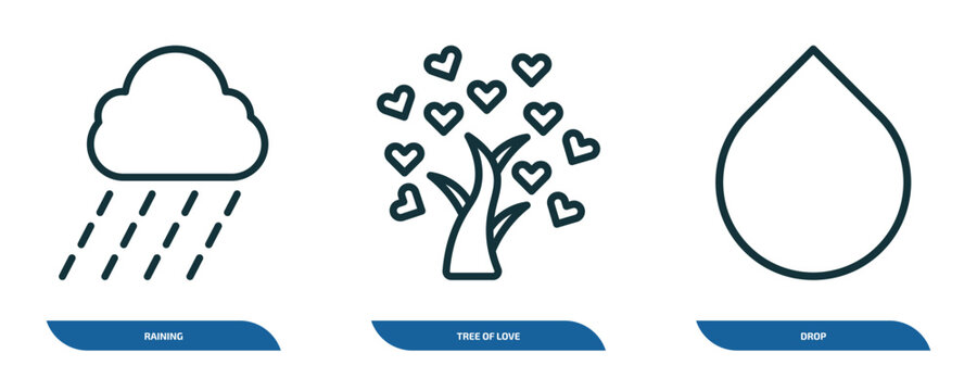 set of 3 linear icons from ecology concept. outline icons such as raining, tree of love, drop vector