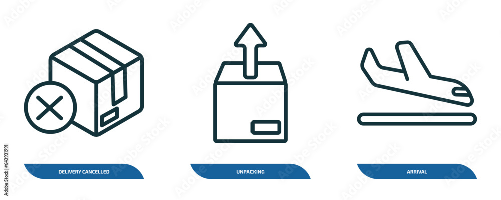 Poster set of 3 linear icons from delivery and logistic concept. outline icons such as delivery cancelled, 