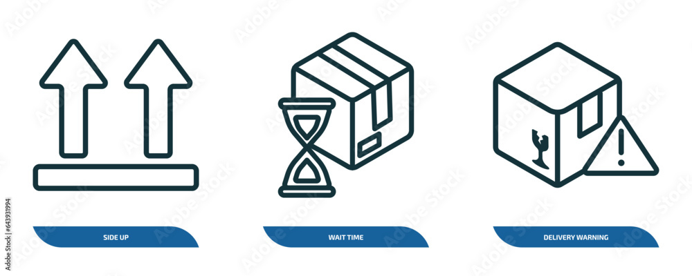 Poster set of 3 linear icons from delivery and logistic concept. outline icons such as side up, wait time, 
