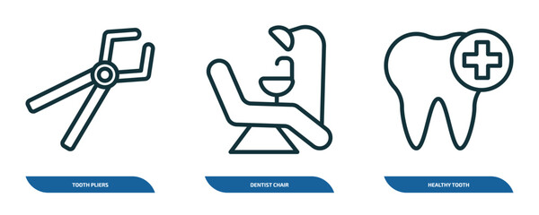 set of 3 linear icons from dentist concept. outline icons such as tooth pliers, dentist chair, healthy tooth vector