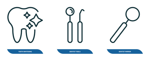set of 3 linear icons from dentist concept. outline icons such as tooth whitening, dentist tools, dentist mirror vector