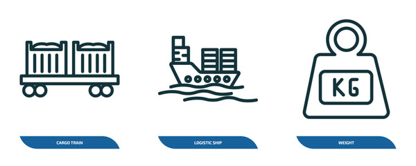 set of 3 linear icons from delivery and logistic concept. outline icons such as cargo train, logistic ship, weight vector