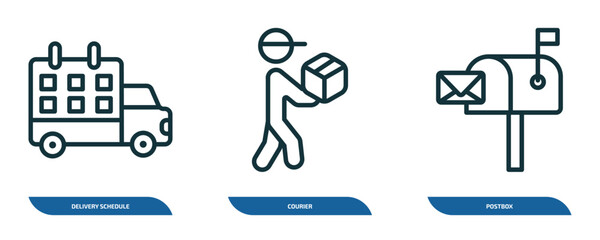 set of 3 linear icons from delivery and logistic concept. outline icons such as delivery schedule, courier, postbox vector