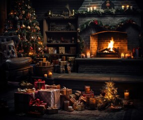 Obraz na płótnie Canvas Interior of luxury classic living room with Christmas decor and magic atmosphere. Blazing fireplace, garlands and burning candles, elegant Christmas tree, gift boxes. Christmas celebration concept.