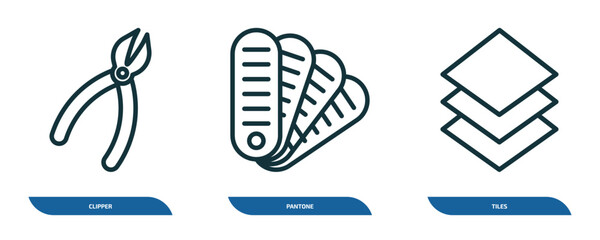 set of 3 linear icons from construction tools concept. outline icons such as clipper, pantone, tiles vector