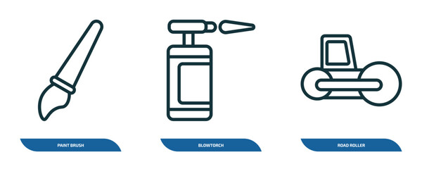 set of 3 linear icons from construction tools concept. outline icons such as paint brush, blowtorch, road roller vector