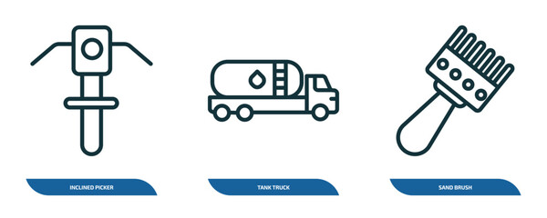 set of 3 linear icons from construction concept. outline icons such as inclined picker, tank truck, sand brush vector