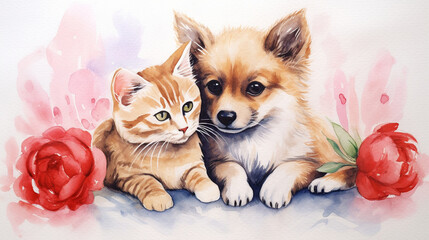 Fototapeta na wymiar Watercolor drawing of a cat and a dog lying next to each other, loving each other, in love