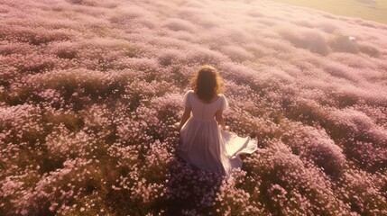 Naklejka na ściany i meble Beautiful young woman on flower field, AI generated Image