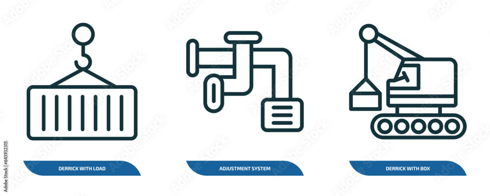 Poster set of 3 linear icons from construction concept. outline icons such as derrick with load, adjustment