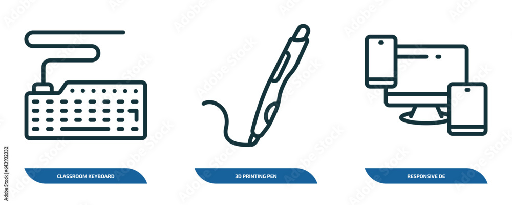 Poster set of 3 linear icons from computer concept. outline icons such as classroom keyboard, 3d printing p