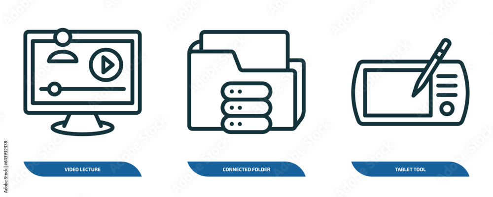 Poster set of 3 linear icons from computer concept. outline icons such as video lecture, connected folder data, tablet tool vector