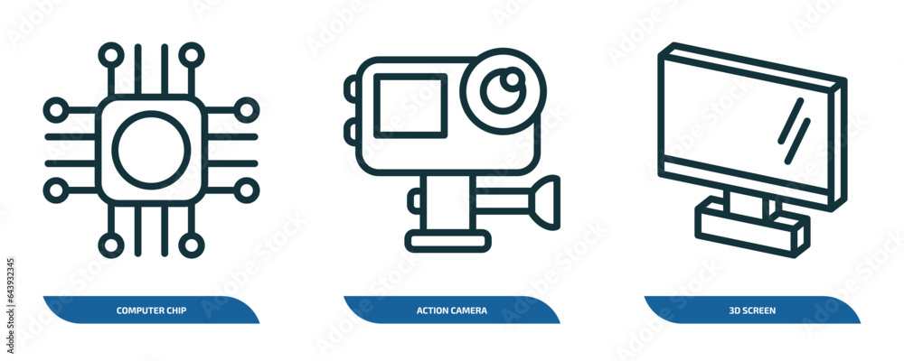 Poster set of 3 linear icons from computer concept. outline icons such as computer chip, action camera, 3d 