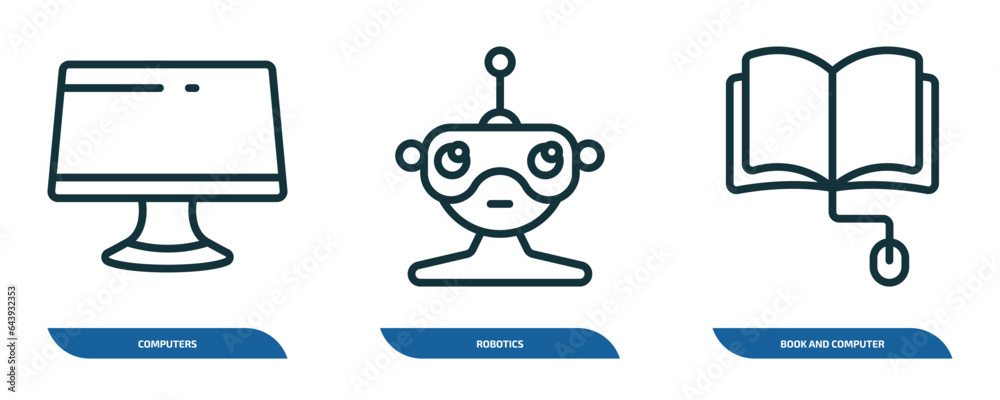 Fototapete set of 3 linear icons from computer concept. outline icons such as computers, robotics, book and com