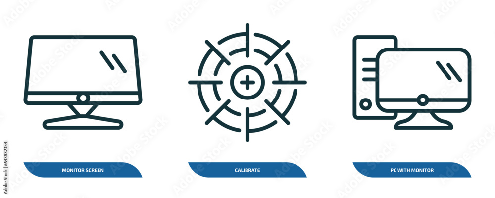 Poster set of 3 linear icons from computer concept. outline icons such as monitor screen, calibrate, pc wit