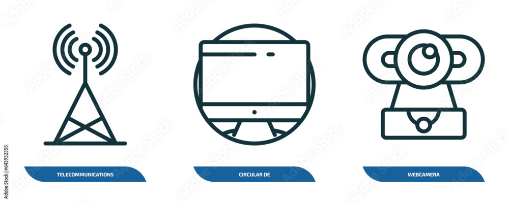 Poster set of 3 linear icons from computer concept. outline icons such as telecommunications, circular de, 