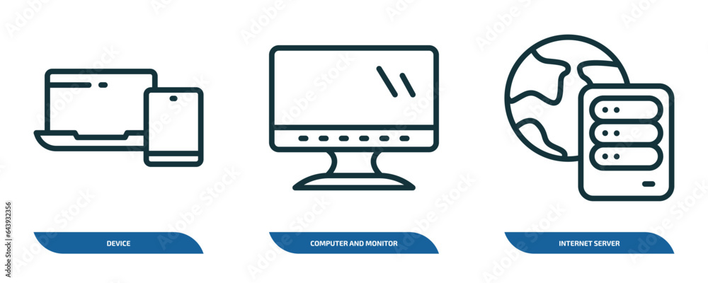 Poster set of 3 linear icons from computer concept. outline icons such as device, computer and monitor, internet server vector
