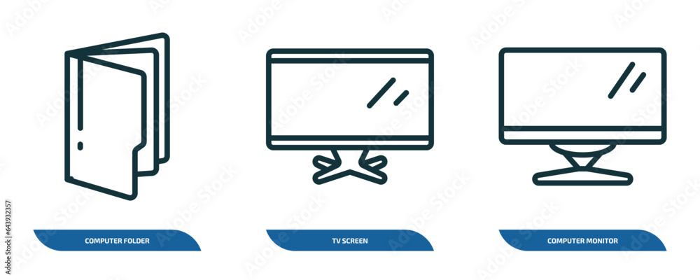 Poster set of 3 linear icons from computer concept. outline icons such as computer folder, tv screen, computer monitor vector
