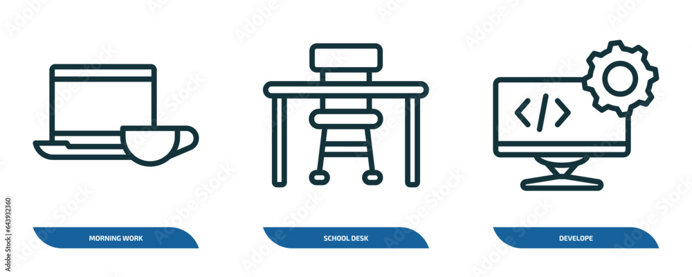 Poster set of 3 linear icons from computer concept. outline icons such as morning work, school desk, develo