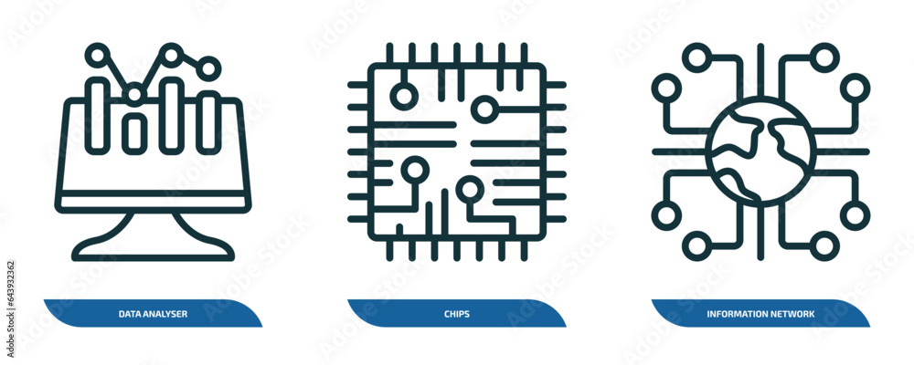 Poster set of 3 linear icons from computer concept. outline icons such as data analyser, chips, information