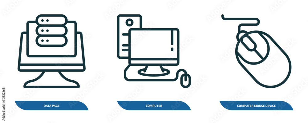 Poster set of 3 linear icons from computer concept. outline icons such as data page, computer, computer mouse device vector