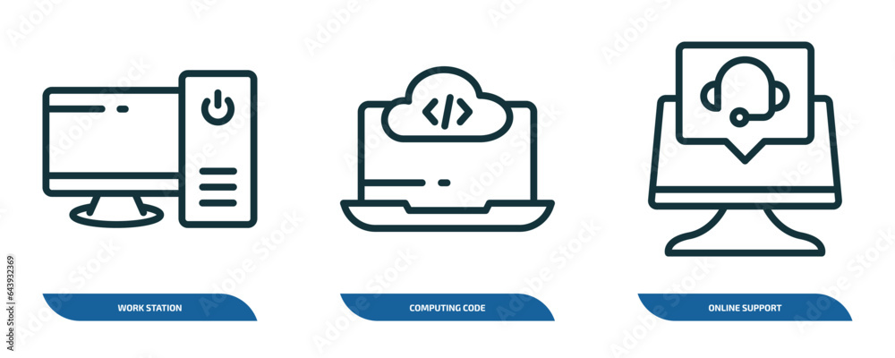 Poster set of 3 linear icons from computer concept. outline icons such as work station, computing code, onl