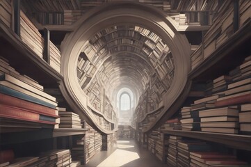 A vast library of books, each containing a parallel life of its own, stretching out into infinity.Created with generative AI