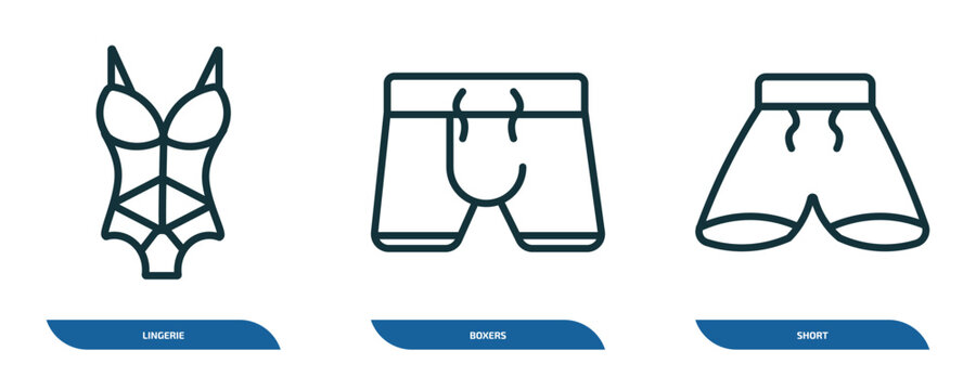 set of 3 linear icons from clothes concept. outline icons such as lingerie, boxers, short vector