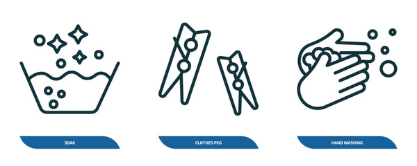 set of 3 linear icons from cleaning concept. outline icons such as soak, clothes peg, hand washing vector