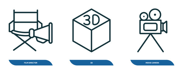 set of 3 linear icons from cinema concept. outline icons such as film director, 3d, movie camera vector
