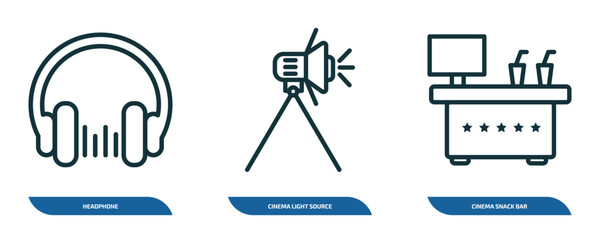 set of 3 linear icons from cinema concept. outline icons such as headphone, cinema light source, cinema snack bar vector