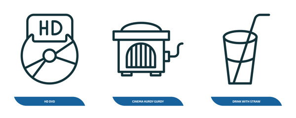 set of 3 linear icons from cinema concept. outline icons such as hd dvd, cinema hurdy gurdy, drink with straw vector