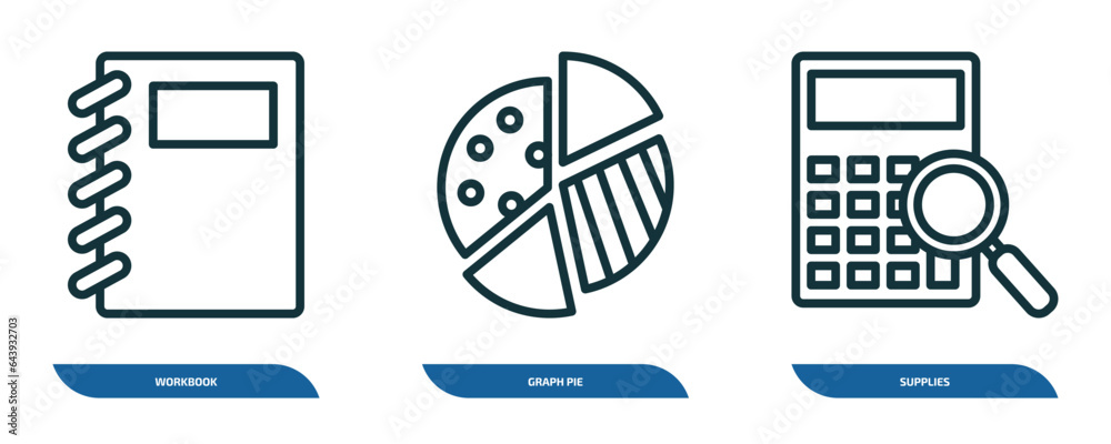 Poster set of 3 linear icons from business and analytics concept. outline icons such as workbook, graph pie