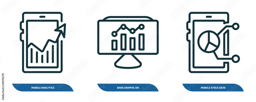 Poster set of 3 linear icons from business and analytics concept. outline icons such as mobile analytics, b