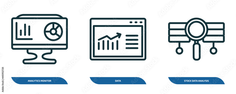Poster set of 3 linear icons from business and analytics concept. outline icons such as analytics monitor, 