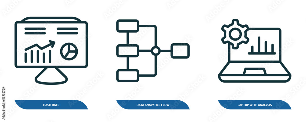 Poster set of 3 linear icons from business and analytics concept. outline icons such as hash rate, data ana