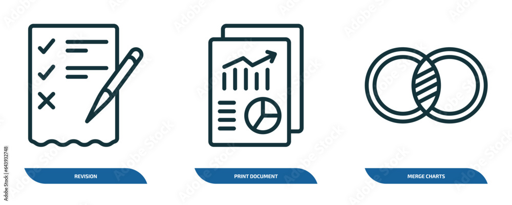 Poster set of 3 linear icons from business and analytics concept. outline icons such as revision, print doc