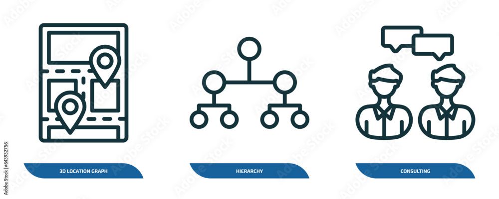 Poster set of 3 linear icons from business and analytics concept. outline icons such as 3d location graph, 