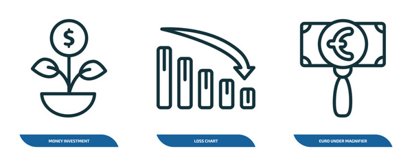 set of 3 linear icons from business concept. outline icons such as money investment, loss chart, euro under magnifier vector