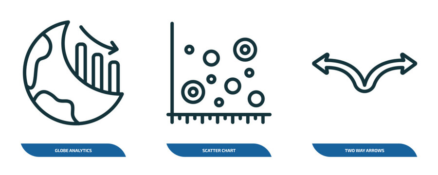set of 3 linear icons from business concept. outline icons such as globe analytics, scatter chart, two way arrows vector