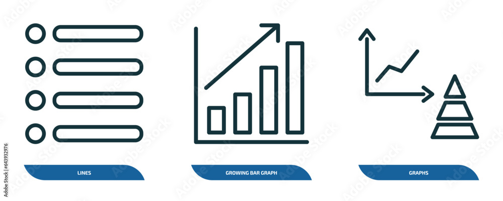 Wall mural set of 3 linear icons from business concept. outline icons such as lines, growing bar graph, graphs 