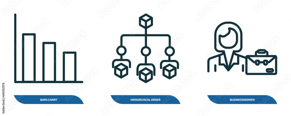 Wall mural set of 3 linear icons from business concept. outline icons such as bars chart, hierarchical order, b