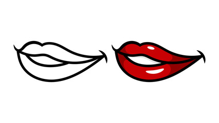 Couple of smiling lips, mouth illustration, line art drawing