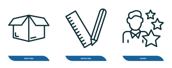 set of 3 linear icons from business concept. outline icons such as empty box, maths tool, expert vector