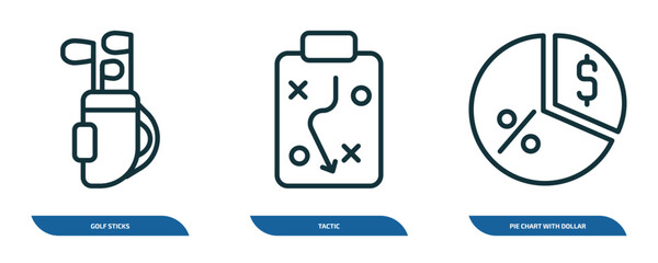 set of 3 linear icons from business concept. outline icons such as golf sticks, tactic, pie chart with dollar vector